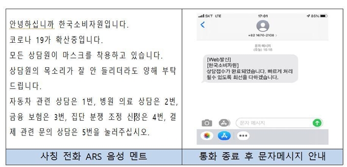 소비자원 사칭 전화번호로 전화를 걸었을 때 나오는 자동응답 멘트와 통화 종료 후 문자메시지 안내.(사진=한국소비자원)
