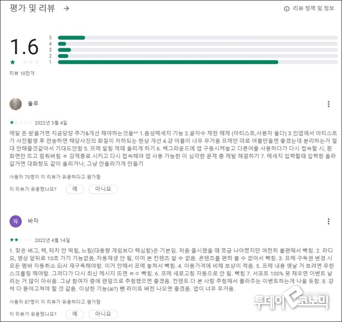 유니버스 리뷰. 주로 무거운 앱에 의한 버그, 속도, 버퍼링 등의 불만을 토로하고 있다. 많은 콘텐츠가 있음에도 불구하고 기술적인 불만으로 점수가 가장 낮았다.(사진=구글)
