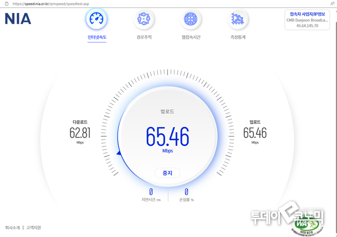인터넷속도 측정 화면. 왼쪽의 다운로드 속도와 오른쪽의 업로드 숫자가 크게 차이가 나면 비대칭 인터넷 환경이다. 위 사진은 다운로드 속도와 업로드 속도의 차이가 크지 않아 비대칭 인터넷 환경은 아니다.(사진=NIA 인터넷 품질측정/이혜진 기자)