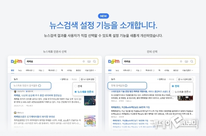 뉴스 검색 설정 기능 변경 안내 화면 (사진=다음)