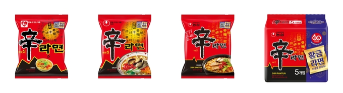 신라면 히스토리팩 이미지. 좌측부터 1986년, 1992년, 2014년 패키지 디자인. 사진=농심