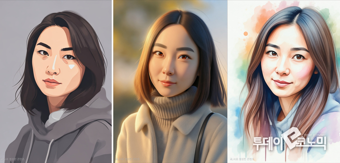 인물 스튜디오를 통해 생성한 각기 다른 스타일의 사진들. 왼쪽부터 코믹, 3D, 스케치 스타일(사진=이혜진 기자)