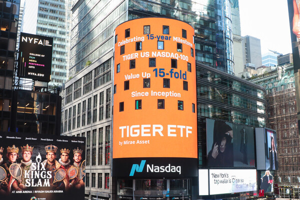 ‘TIGER 미국나스닥10 ETF’ 상장 15주년 및 15배 주가 달성을 기념해 미국 나스닥 타워에 게재된 축하 메시지. 사진=미래에셋자산운용